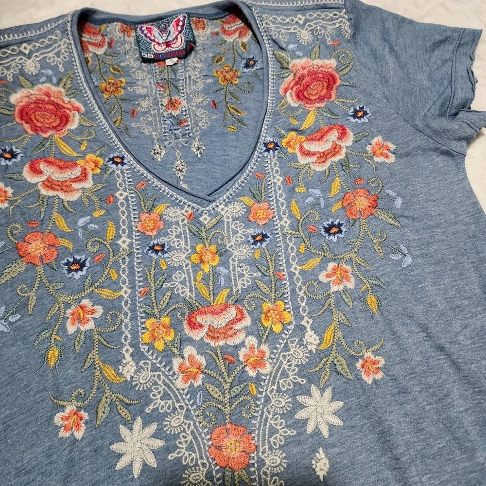 Johnny Was Women's Drape embroidered tunic dress Size S Blue Bohemian Beachy